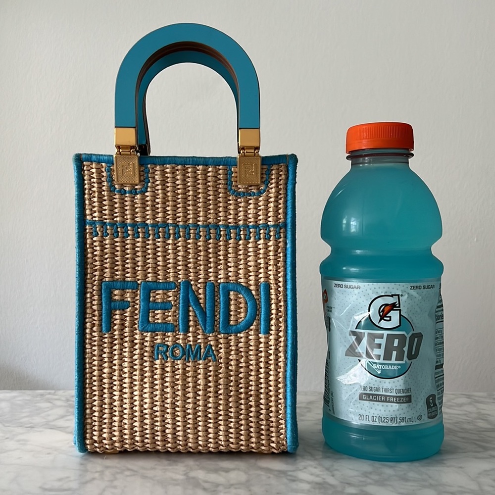 Fendi Sunshine Mini Straw Shoulder Bag Natural Blue - Picture 13 of 14